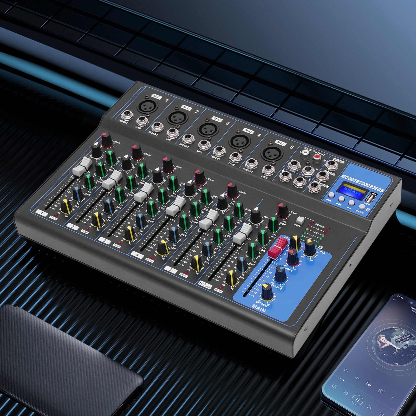 7 Channel Audio Mixer, Bluetooth Portable Audio Mixer w/USB DJ Sound Mixing Console MP3 Jack 48V Power for Computer Recording, Sounds Mixer Board For Studio Recording