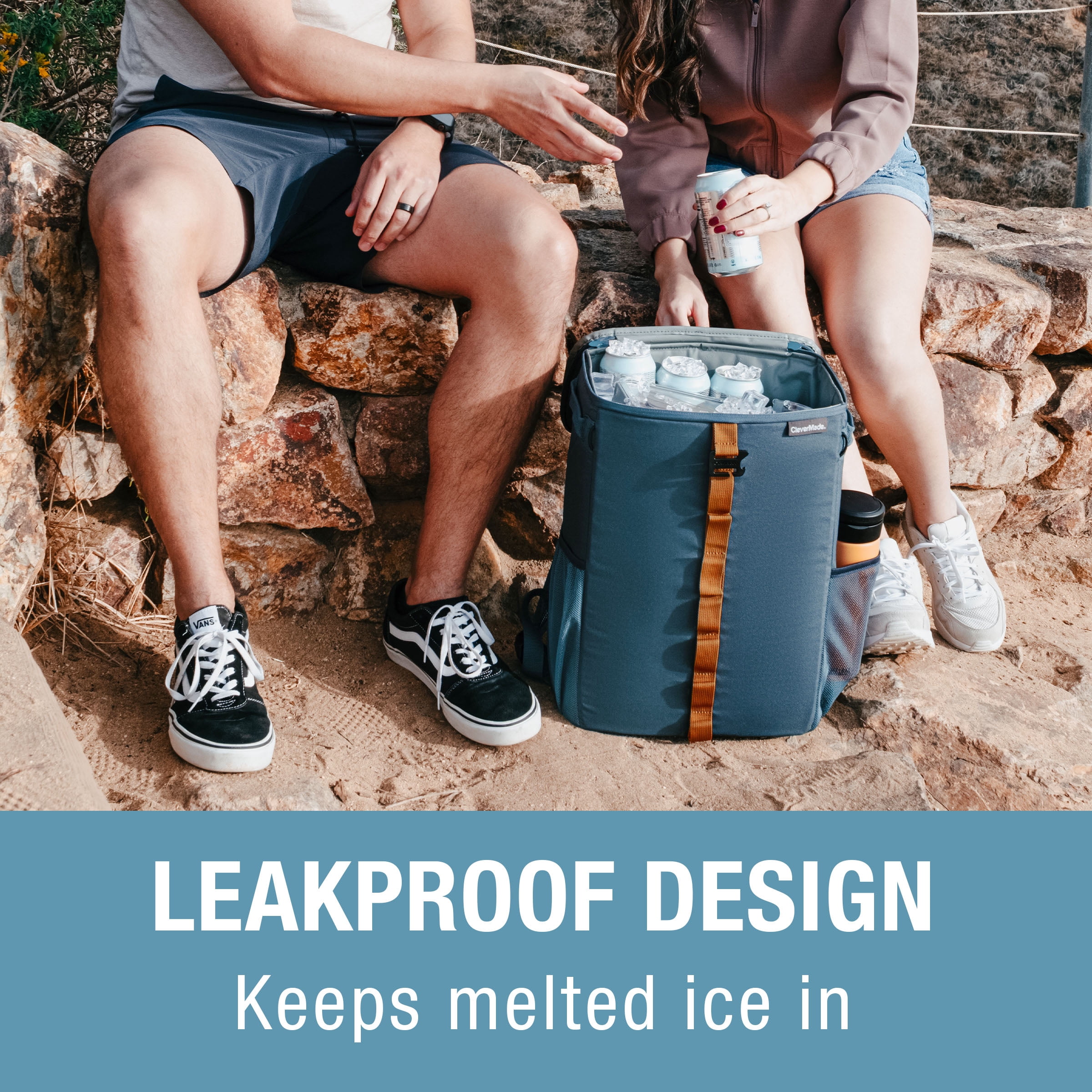 CleverMade Collapsible Backpack Cooler, Leakproof 24 Can Cooler - Ocean/Cognac