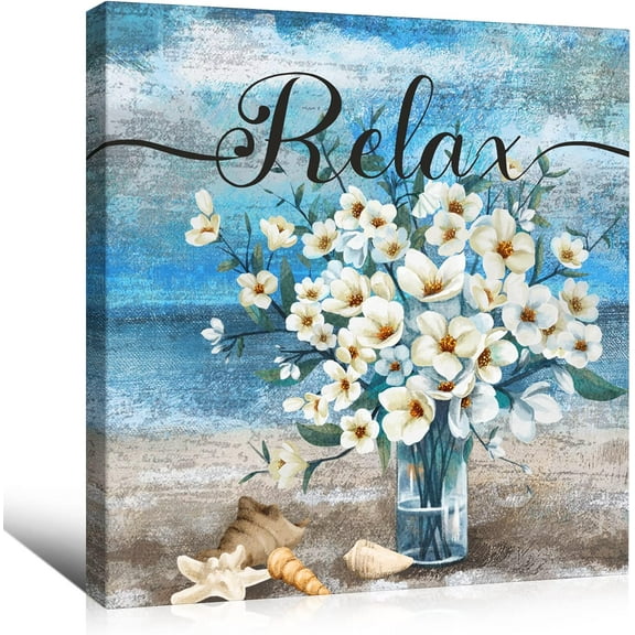 Bathroom Decor Wall Art Blue Beach Picture Ocean Theme Framed Canvas Print Coastal Seascape Painting Seaside Artwork Floral Daisy for Home 14x14inch
