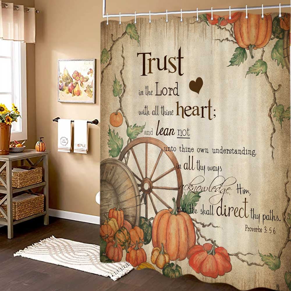 Cute Fall Quotes Shower Curtain, Farmhouse Pumpkin Retro Autumn Thanksgiving Harvest Fabric Shower Curtains Set for Bathroom, Inspirational Rustic Restroom Decor Accessories with Hooks 72X 72 Inch