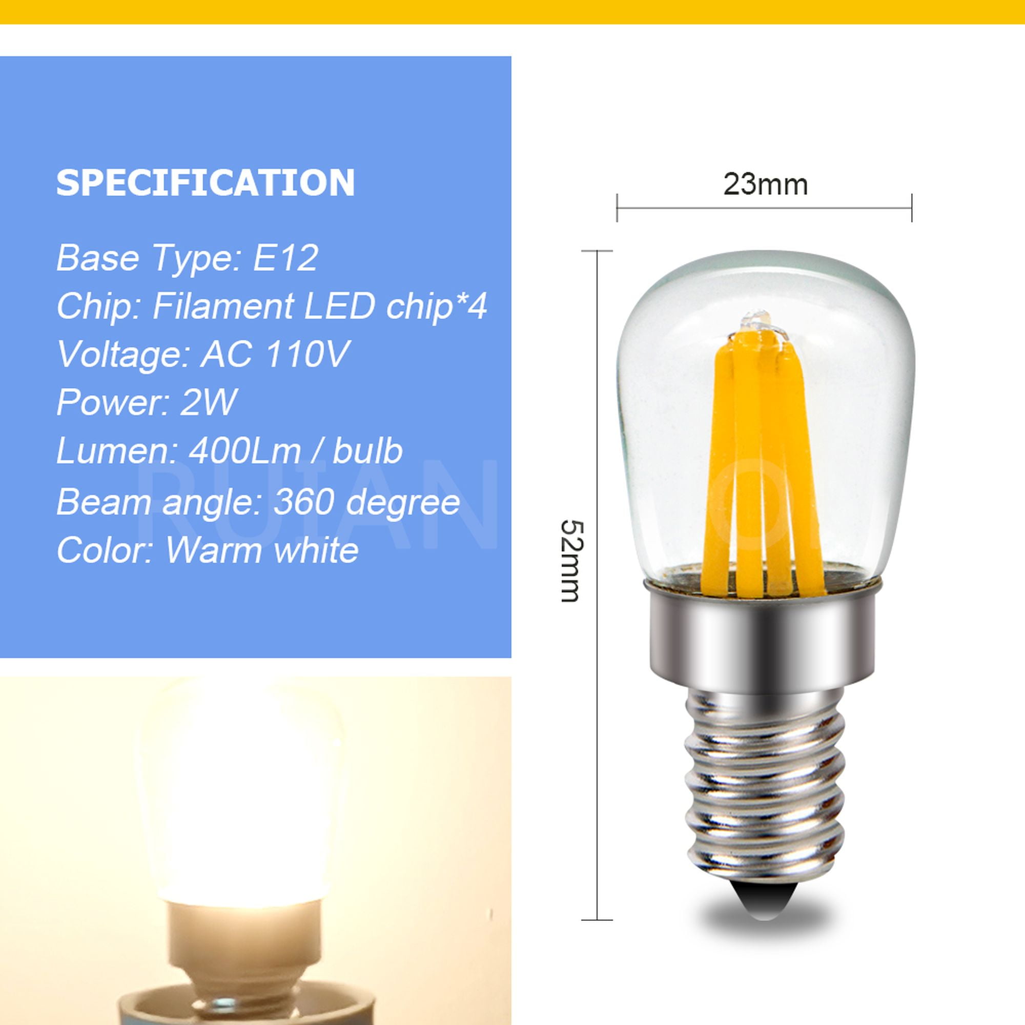 Ruiandsion E12 LED Bulb Warm White 3000K 4 Filament 400LM 2W 110V for Bedroom Lamp Restaurant Holiday Decor,(pack of 10)