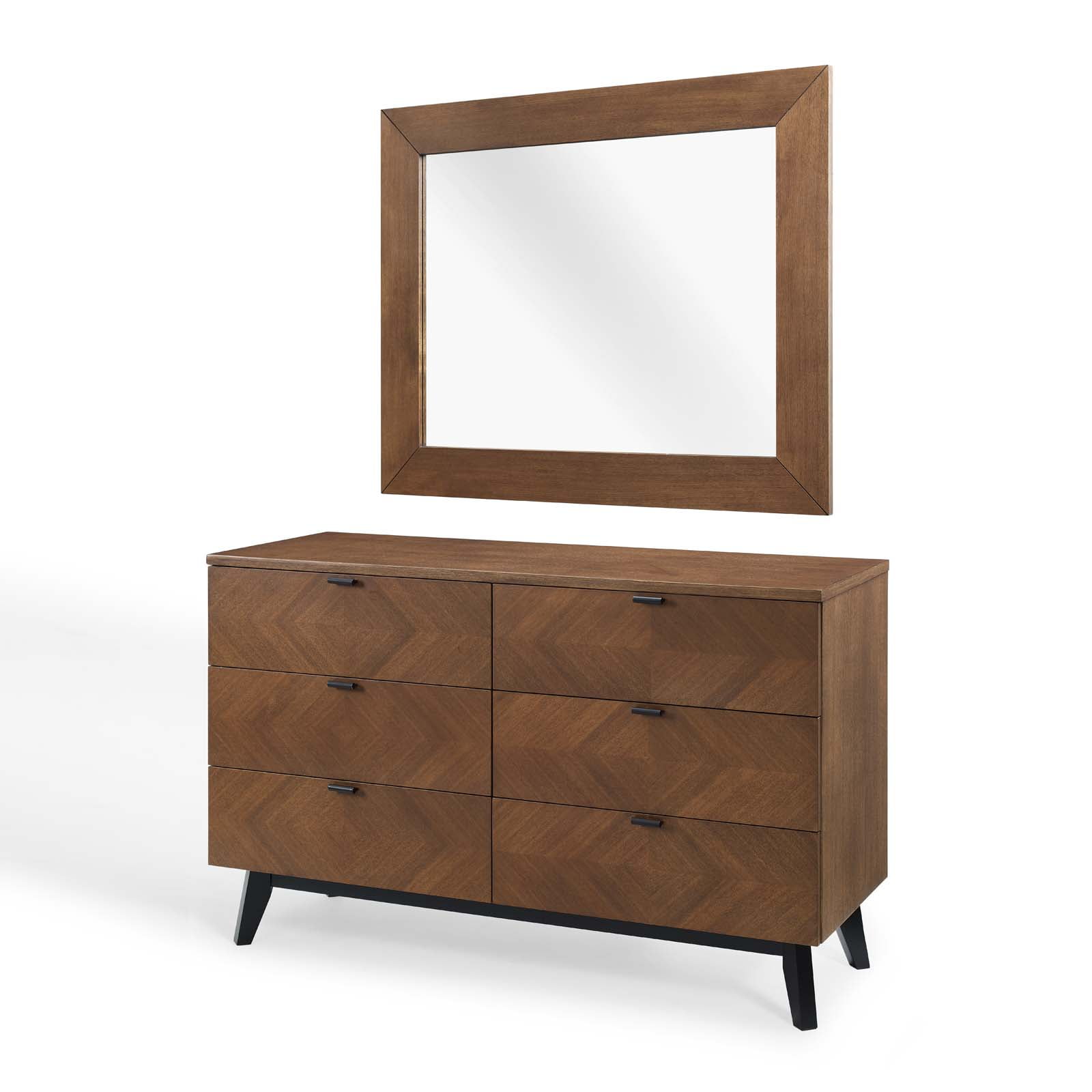 Dresser Drawer Chest Mirror Set, Wood, Brown Walnut, Modern