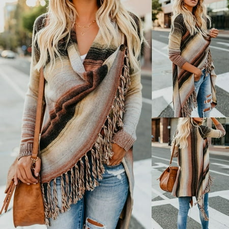- Mosunx Tassel Women Patchwork Long Sleeve Gradient Fringe Cardigan Tops Sweater Coat
