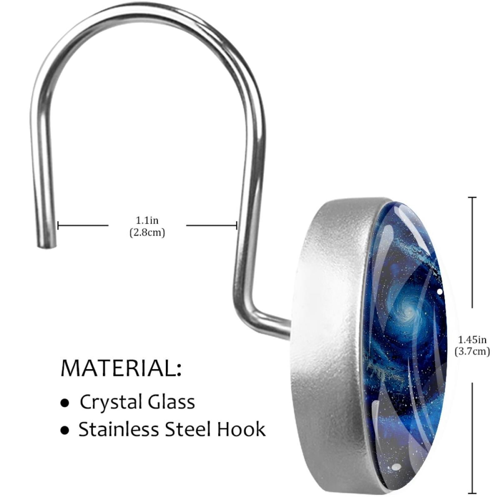 Blue Starry Space on Spiral Shower Curtain Hooks Round Crystal Glass, Set of 12 Shower Curtain Rings - Shower Hooks for Curtain Shower Rings
