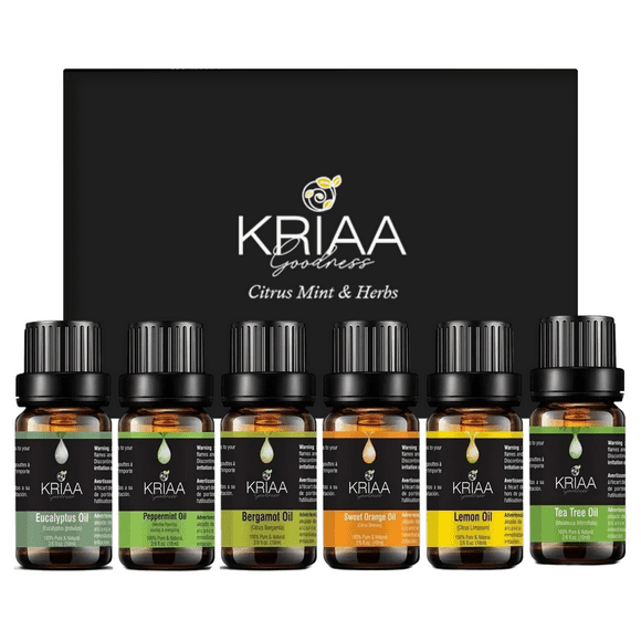 KRIAA Goodness Citrus & Herb Essential Oils Set, 6 x 10ml – Lemon, Sweet Orange, Bergamot, Peppermint, Tea Tree, Eucalyptus – Pure Aromatic Oils for Home Fragrance, Diffusers & DIY Uses