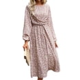 thumbnail image 5 of Hanerdun Women Floral Belted Dresses Female Long Sleeve A-Line Party Dress Casual Midi Dress Light Brown L, 5 of 5
