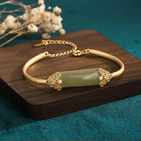 K-KED Green Jade Bangle Jade Charm Bracelet Gold Plated Chain Dainty Gemstone