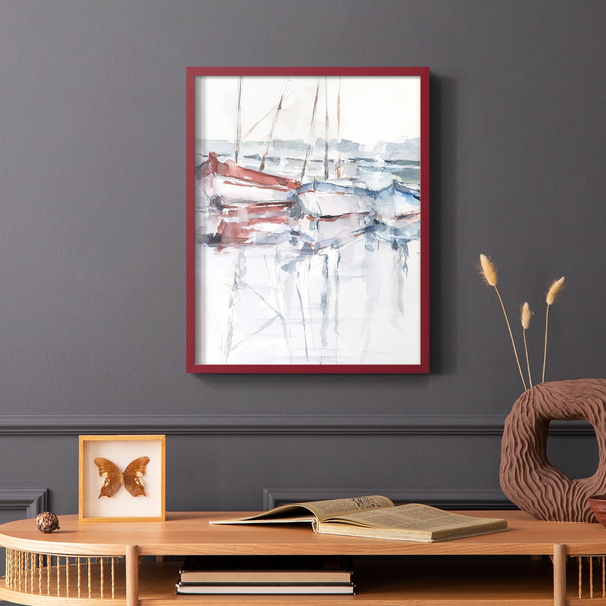 Watercolor Harbor Study II Framed Print in Red Solid Wood 11 x 14 Framed Print