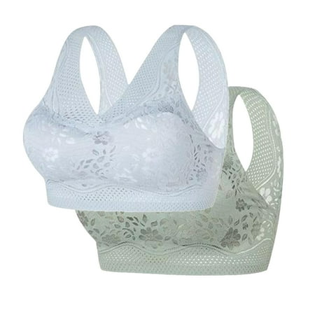 REORIAFEE No Wire Bras for Women 2PC Gathered Together Wireless Bras Solid Brassiere Comfy Wide Strap Breathable Corset Underwear Comfortable Classic Support Lingerie Gray M