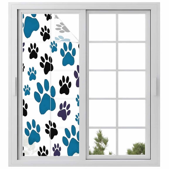 Blue Paw Print Window Privacy Film, Black Animals Cat Dog Colored Cartoon Static Cling UV Sun Blocking Heat Control Window Tint Day and Night, Non-Adhesive One Way Windows Privacy Cover 23.6''x59''