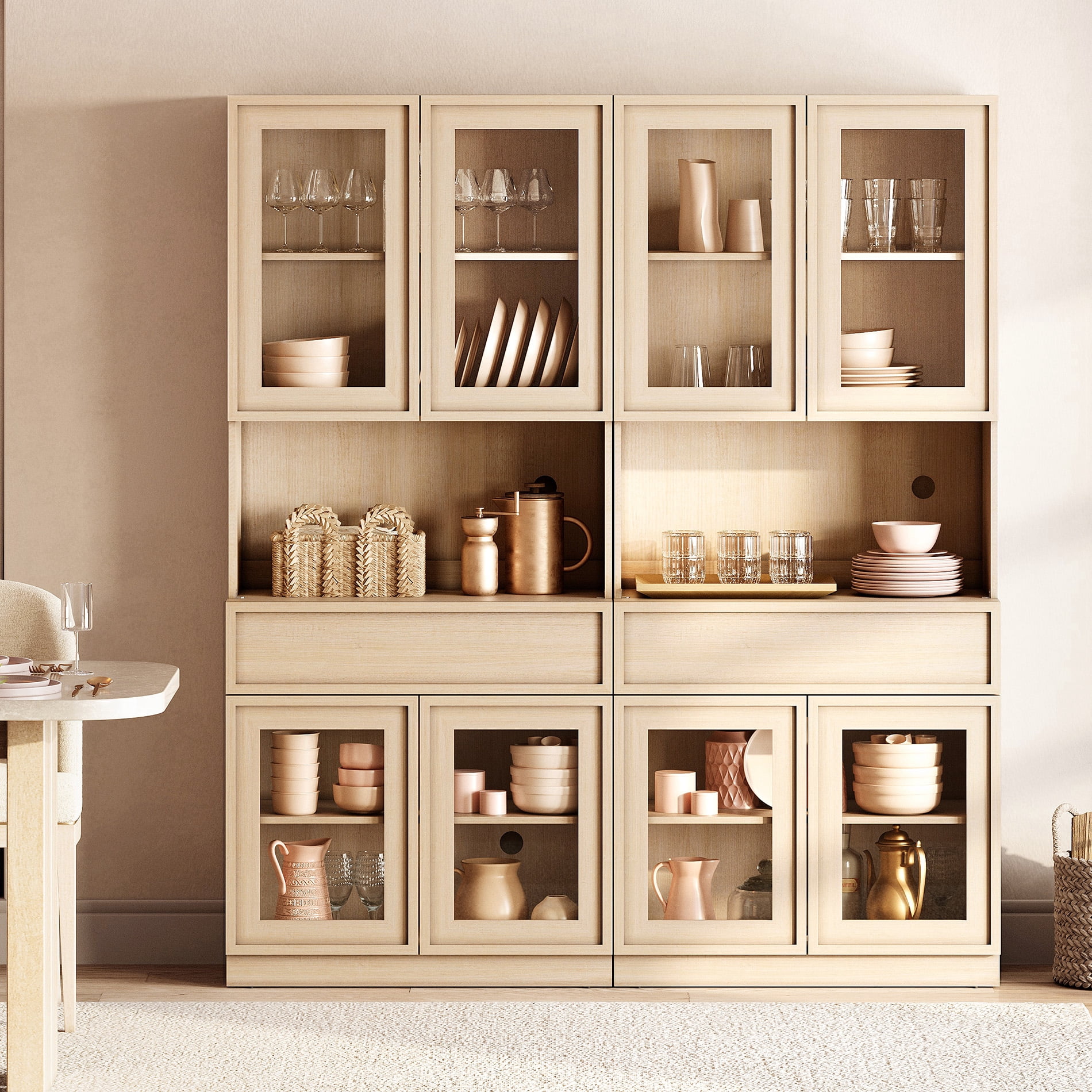 Modern 72"Tall Sideboard, Wood Buffet Display Cabinet with Glass Doors, Drawers and Adjustable Shelves, Multi-Layer Storage Console for Dining Room,Living Room,Entryway,Beige