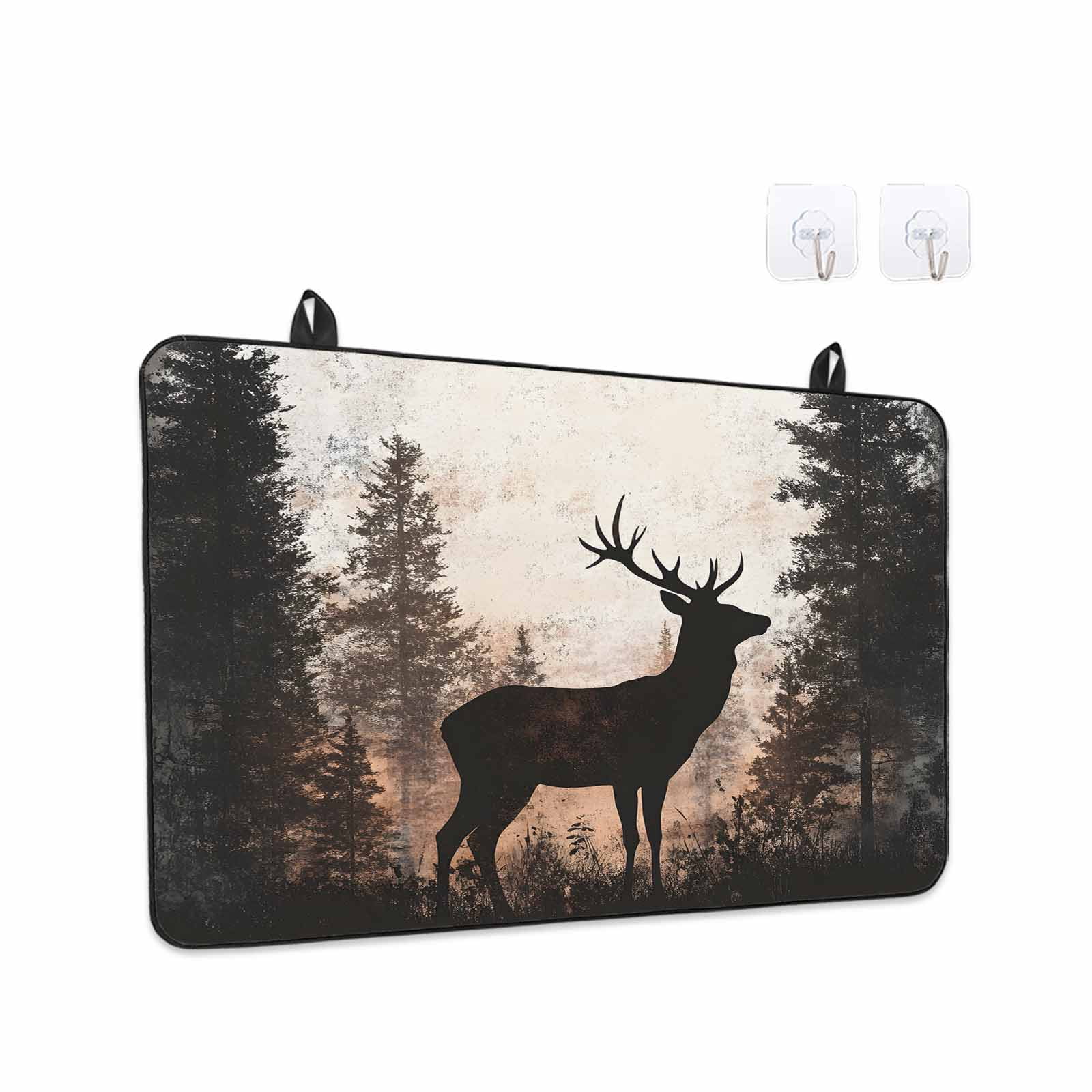 Forest Tree Elk Stove Top Cover for Electric Stove, Heat-proof & Non Slip Glass Top Stove Cover Protector, Vintage Black Deer Animal Wild Plant Kitchen Flat Cooktop Rubber Mat 24x21 Inches