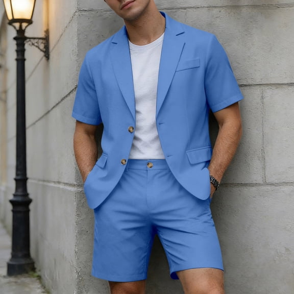 TrendOFT Mens Suit Sets Casual Formal Jackets And Shorts Two Piece Blazer Set Wedding Party Business Wear Blue XXXXL