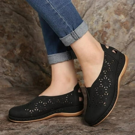 

Faux Leather Elastic Comfy Slip On Women s Hollow-Out Round Toe Flat Heel Flats Platform Non-Slip Shoes