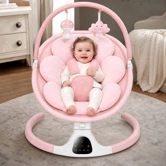 PRVAETU Baby Swing for Newborn Infants, Bluetooth Enabled, 5 Adjustable Speeds, Soothing Melodies & 5-Point Safety Harness,Pink