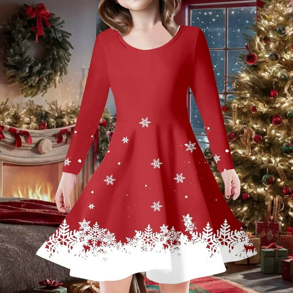Girls Christmas Dresses Long Sleeve Crew Neck A-Line Girls Winter Dress Girls Outfits Girls' Dresses 6-7 Years