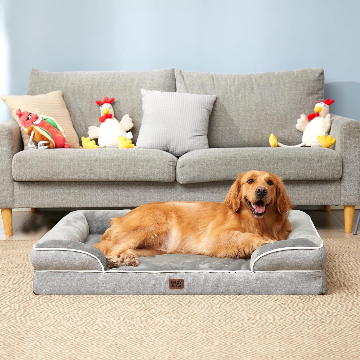Orthopedic Dog Beds for Extra Large Dogs 44x32Inch, Waterproof Memory Foam XL Pet Bed with Sides, Non-Slip and Egg-Crate Foam Big Dog Couch Bed with Washable Removable Cover, Grey