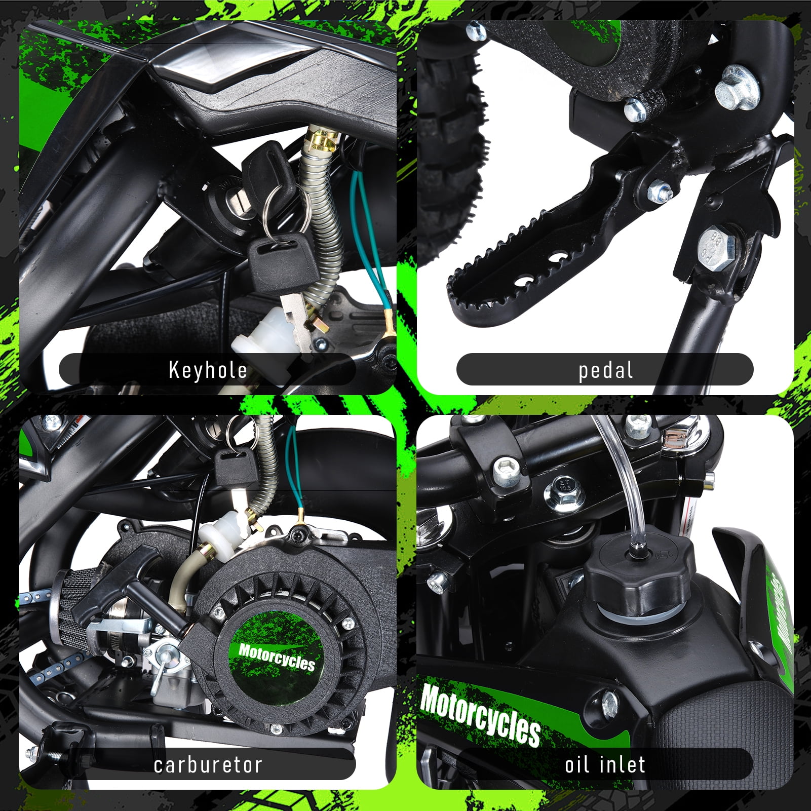 AurumEdge 49CC Kids Dirt Bike,2-Stroke Gas Powered Mini Dirt Bike Pit Bike for Kids Up to 25 MPH Off-Road Motorcycle Disc Brakes 330LBS Max Load Pull Start Gift for Boys Girls Youth 7-12 (Green)