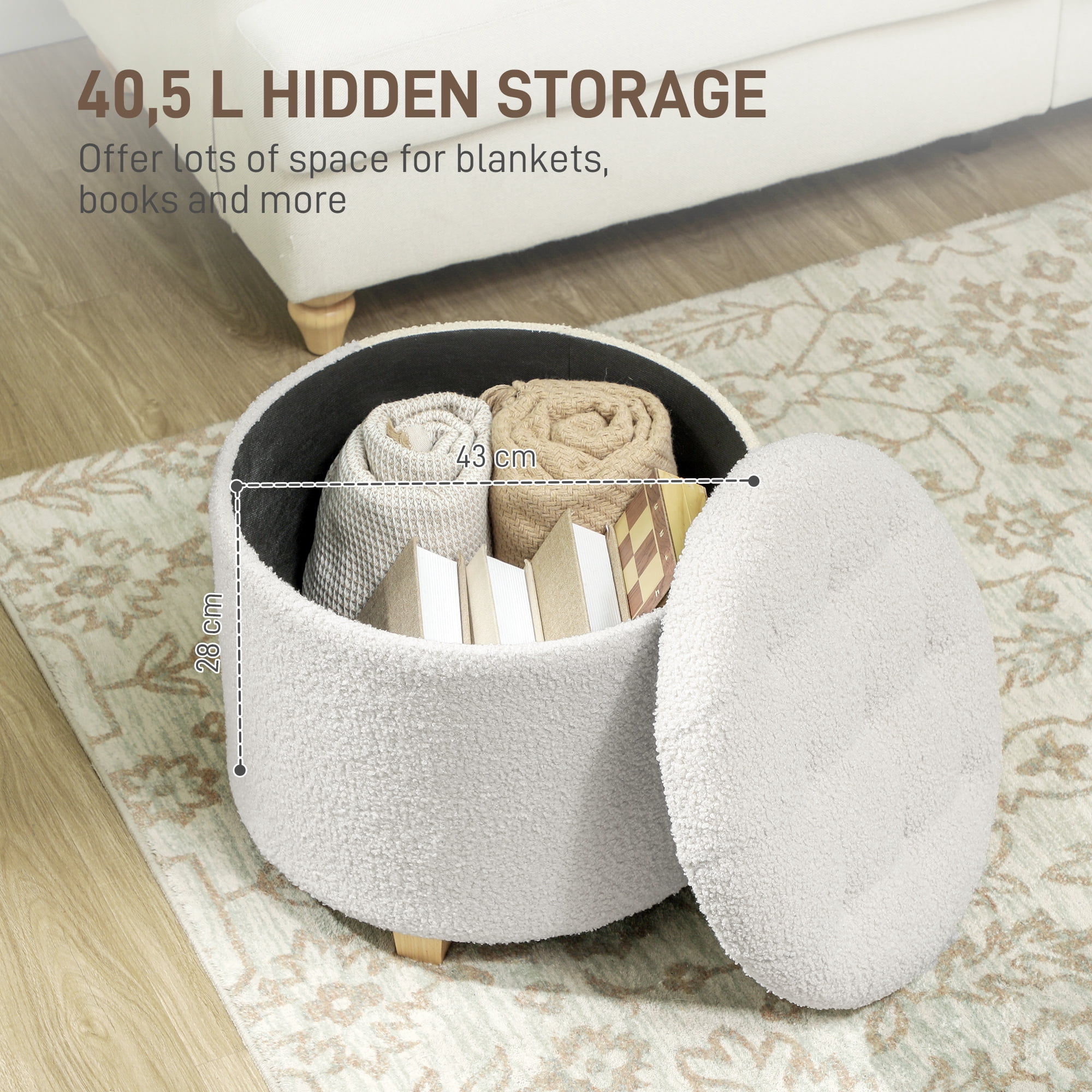 HOMCOM 18" Round Ottoman with Storage, Teddy Fleece Button Tufted Bedroom Stool with Removable Lid and Wood Legs for Living Room, Hallway, White
