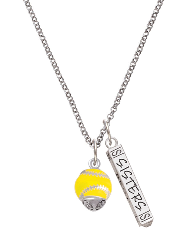 Delight Jewelry Silvertone Yellow Softball with Stitching Spinner Silvertone Sisters Best Friends Forever Bar Charm Necklace, 23"