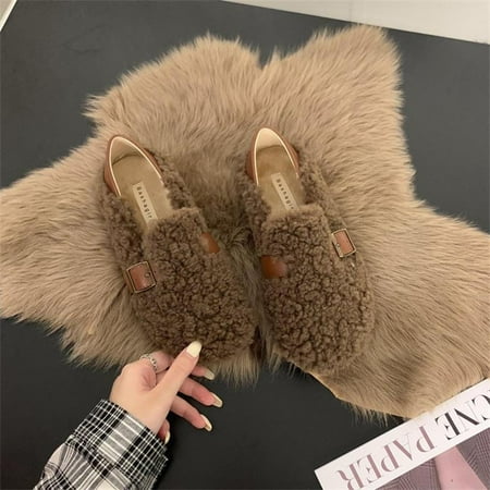 

Women‘s Fuzzy Flat Loafers Metal Buckle Round Toe Clogs Warm & Comfy Slip On Mules
