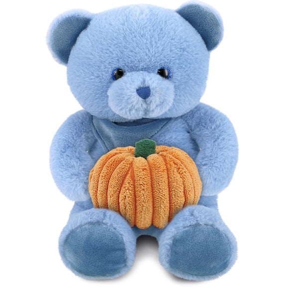 DolliBu Super Soft Baby Blue Bear Stuffed Animal with Pumpkin Plush Decor - Blue Bear Pumpkin Plush Animal for Fall, Halloween and Thanksgiving, Pumpkin Plush Toy for Baby, Kids, Adults - 8 Inches