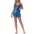 thumbnail image 2 of INSPIRE CHIC Womens Satin Loungewear Lace Silky Bow Spaghetti Strap V Neck Top with Split Shorts Pajama Set S Navy, 2 of 6