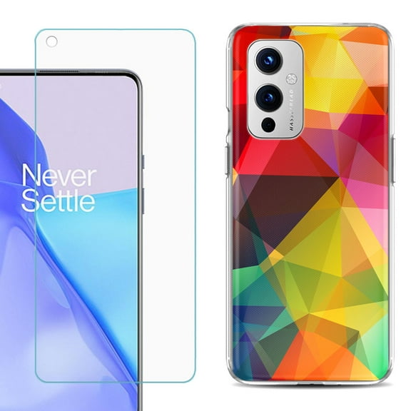 Slim-Fit TPU Phone Case Compatible with OnePlus 9 5G, with Tempered Glass Screen Protector, by OneToughShield ® - Polygon