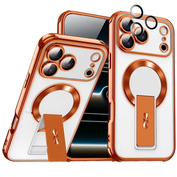 Case for iPhone 14 Pro Max, Crystal Clear PC Back with Plated Frame, Built-in Kickstand Strong Magnetic Anti-Scratch Ultra Slim Protective Phone Case - Orange