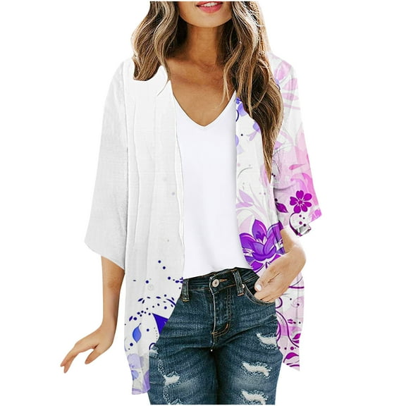 Hvyesh Lightweight Cardigans for Women Summer Floral Cardigan Soft Open Front Chiffon Tops 3/4 Sleeve Kimono Cardigans