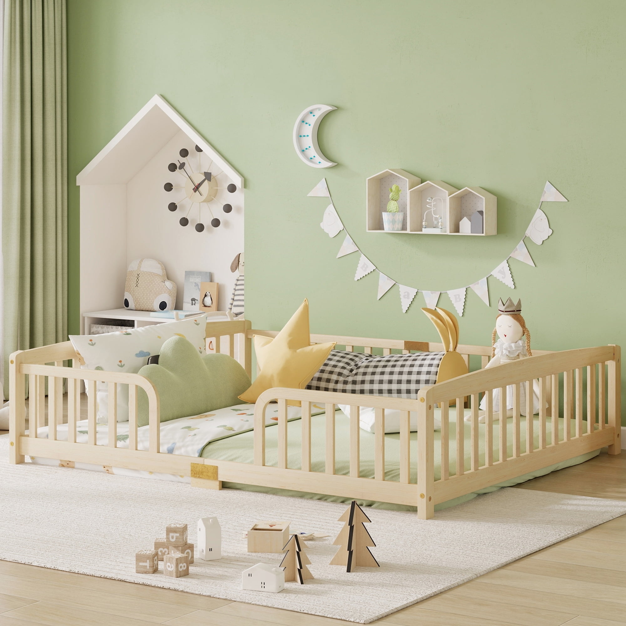 Leumius Queen Size Floor Fence Bed with Central Entrance,Pine Wood Floor bed with Guardrails,Natural