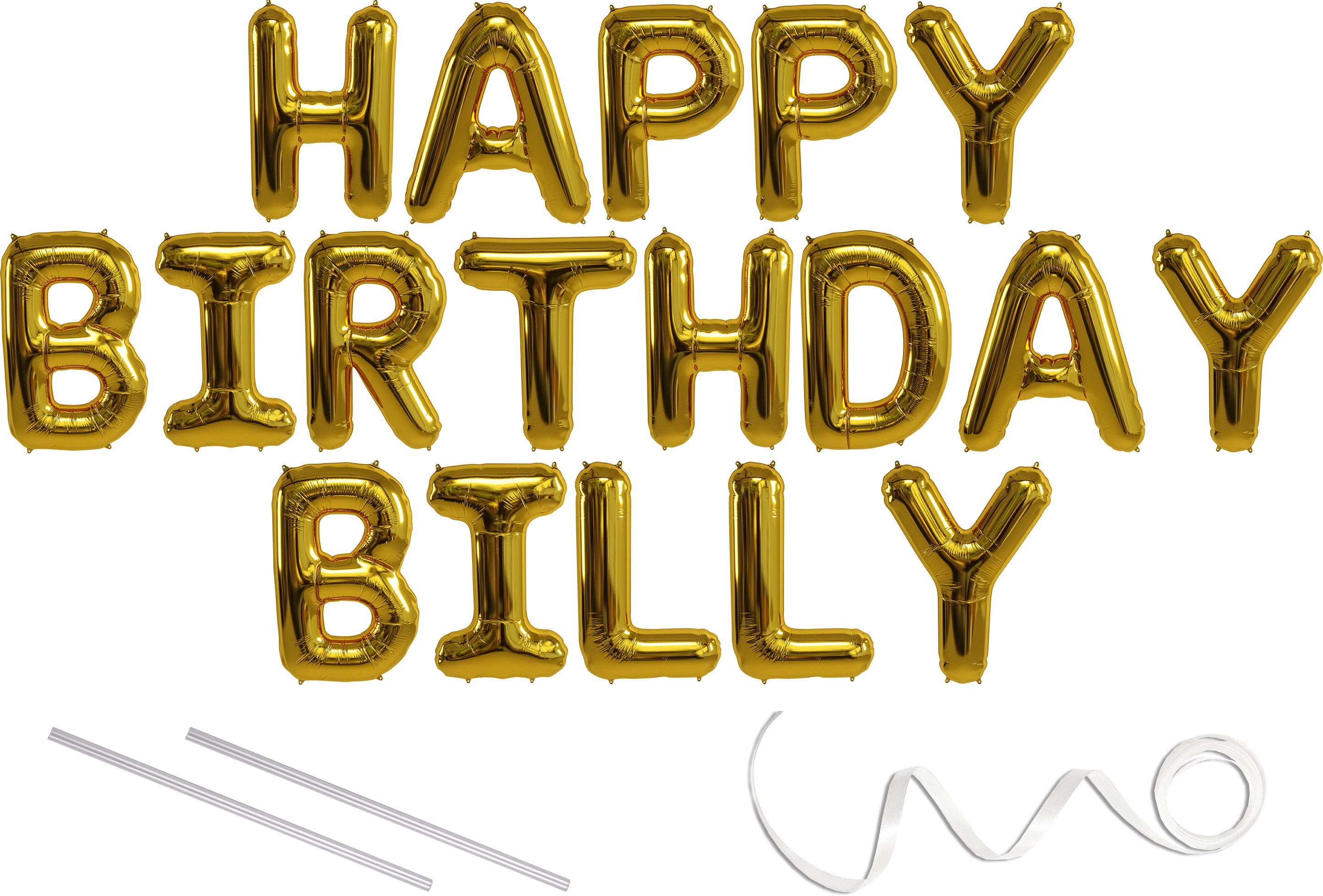 Billy, Happy Birthday Mylar Balloon Banner - Gold - 16 inch Letters