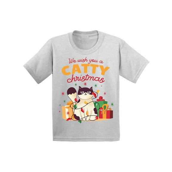 Catty Christmas Shirt for Kids Xmas T-Shirt for Boys Girls Children Cat Tee Holiday Outfit