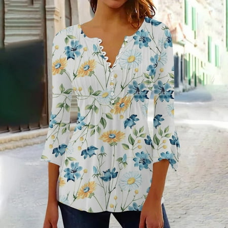 

Whlbf Womens Tops Clearance Long Sleeves Casual Trumpet 3/4 Sleeve Buttoned Basic Ruched Corset Tunic Tops Pleated T-shirts Blouses