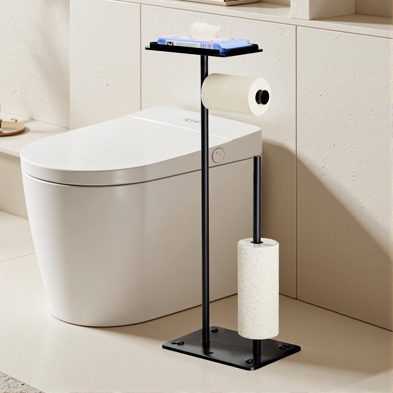 SZZJKJ Toilet Paper Holder Stand with Top Storage Shelf，Toilet Paper Holder，Toilet Paper Rack with Storage Function, Capable of Holding 4 Spare Rolls(Black).