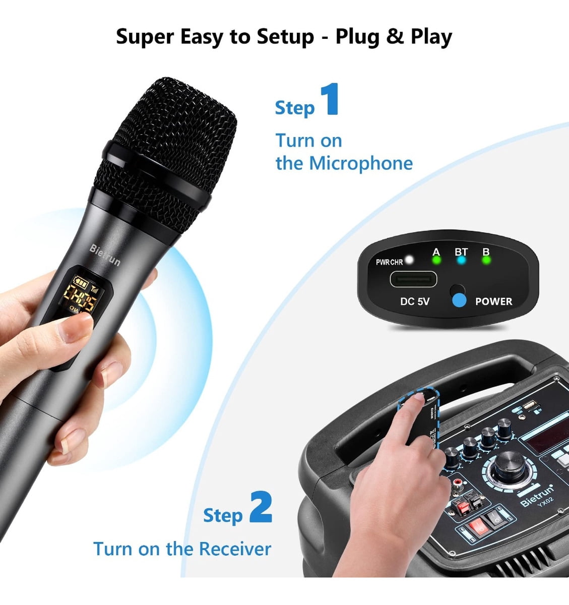 Wireless Microphone with Bluetooth, Professional UHF Dual Handheld Dynamic Metal Mic System Set with Rechargeable Receiver, 160 ft Range, 1/4''Output, for Karaoke Machine, Singing, Amp, PA Speaker