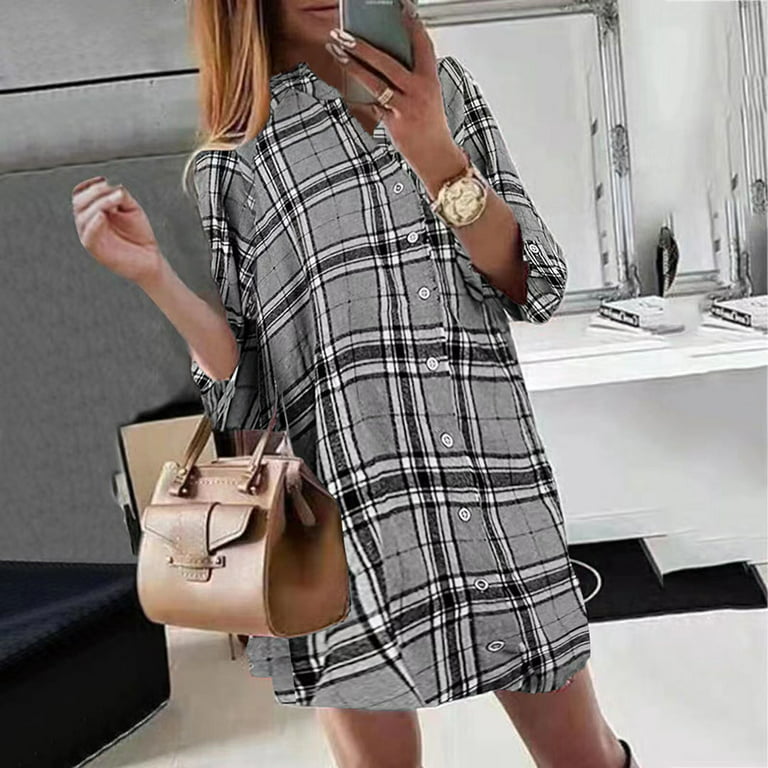 Uerlsty Women Long Sleeve Plaid Check T-Shirt Dress Ladies Casual Loose  Button Down Blouse Top