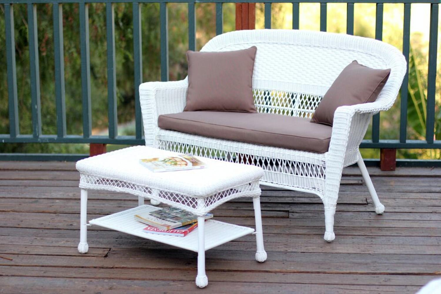 2 Piece Aurora White Resin Wicker Patio Loveseat And Coffee Table 2 Piece Aurora White Resin Wicker Patio Loveseat And Coffee Table Furniture Set Brown Cushion