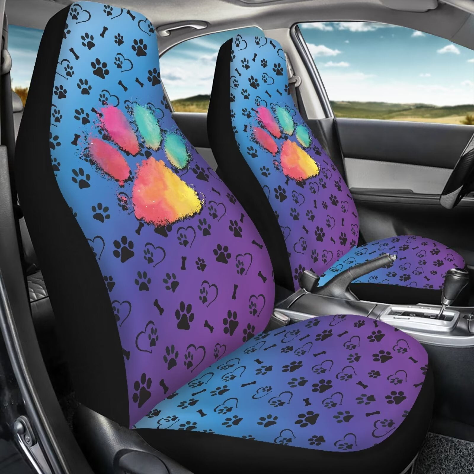 Uourmeti Rainbow Dog Paw Pattern 2 Pack Car Seat Covers for Front Seats Cute Car Accessories for Women Girl Vehicle Decor Universal Bucket Seat Protector Cushion Cover