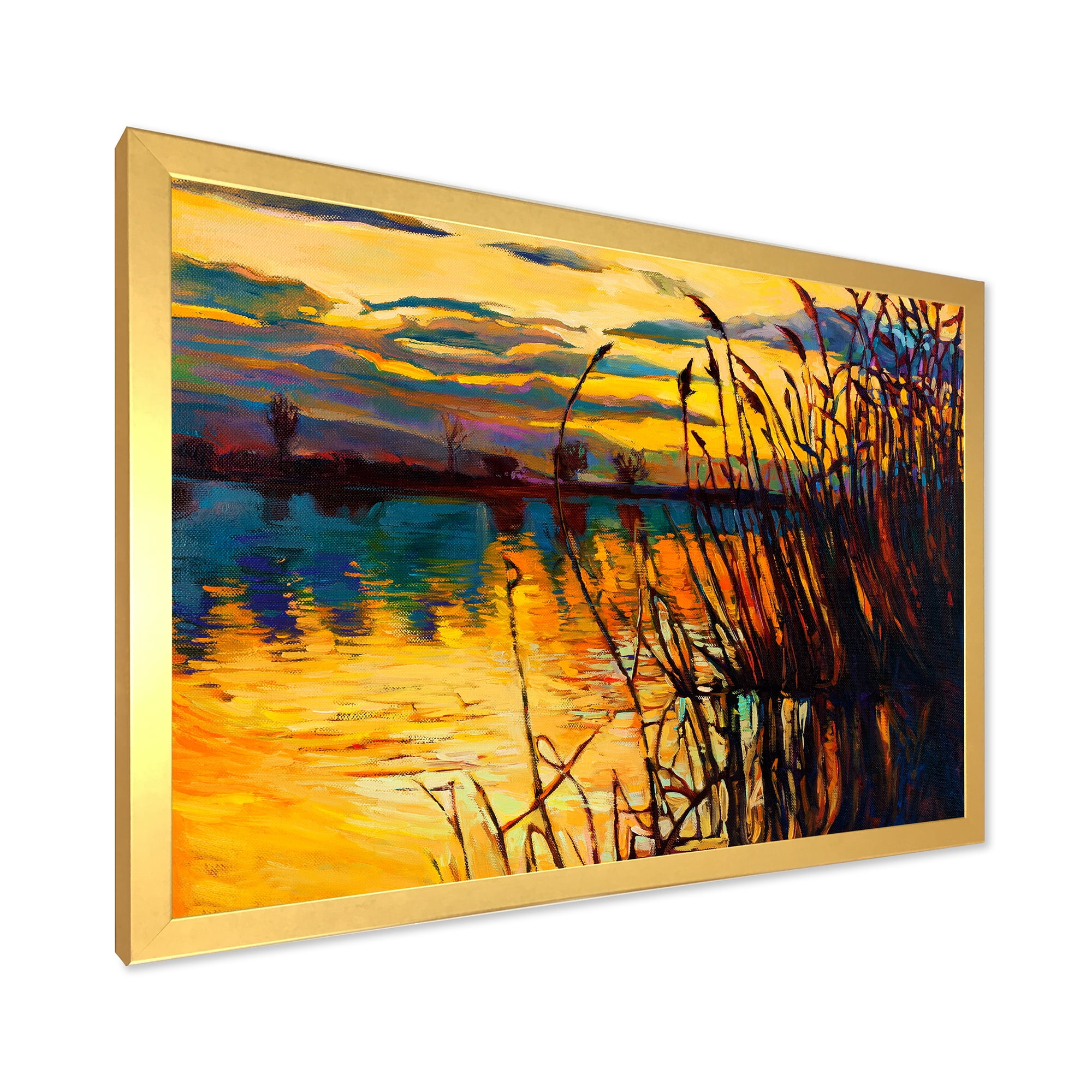 Designart 'Yellow Evening Glow Through The High Grass By The Lake' Nautical & Coastal Framed Art Print