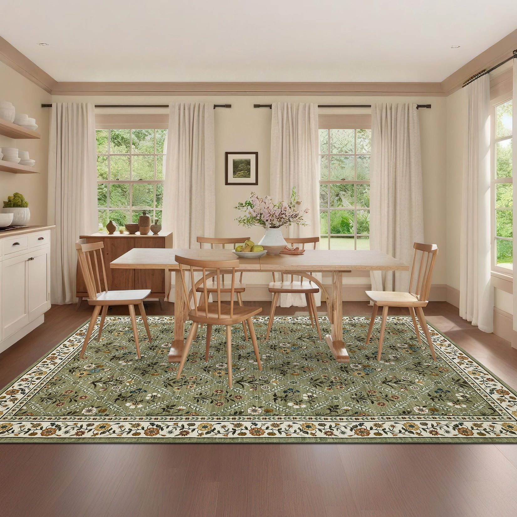 Senfot 8x10 Floral Print Area Rug Machine Washable Non-Slip Stain Resistant Low Pile Bordered Farmhouse Rug for Living Room Bedroom Home Office Green