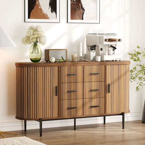 59in Sideboard Buffet Cabinet, Farmhouse Fluted Credenza Storage Cabinet Media TV Console Table with 6 Drawers 2 Sliding Doors for Living Room