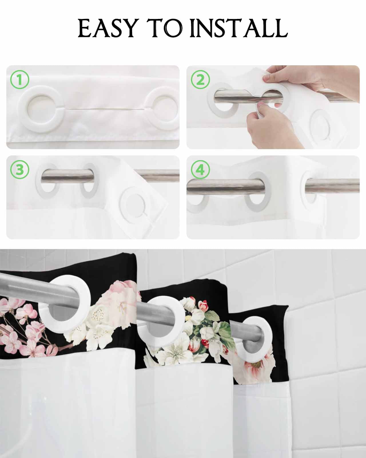 No Hook Shower Curtain with Snap in Liner, Flowers Plant Pink White Floral on Black Hotel Shower Curtains for Bathroom, Washable Shower Curtain Liner Set with Mesh Top Window, 54"x78"