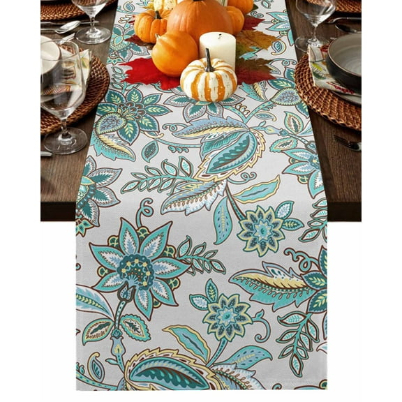 Turquoise Paisley Table Runner-Cotton Linen- 70 Inch Holiday Dresser Scarves, Abstract Flower Traditional Ethnic Leaf Tablerunner for Kitchen Coffee/Dining Living Room Dinner Scarf Décor 13x70