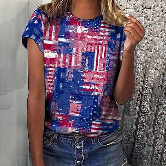 QLEICOM Womens 4th of July Tops Independence Day Popular American Flag Printed T-shirt Flag Printing Round Neck Print Summer Loose Fitting Tee Tops Blouses Blue XL