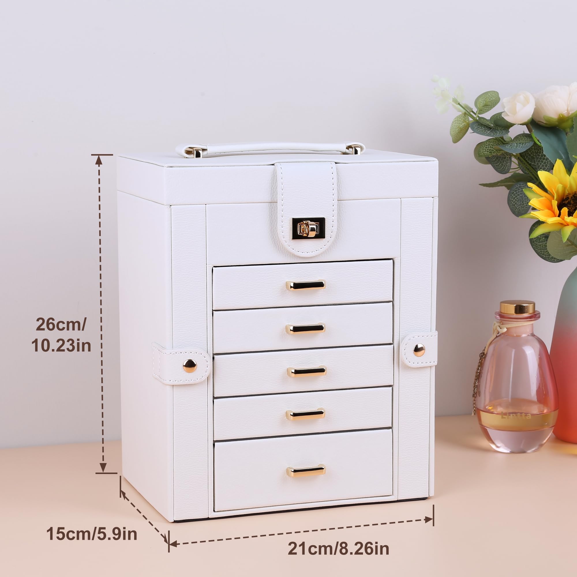Kendal Jewelry Box, 6-Layer Jewelry Storage Organizer for Necklace Bracelet Rings Watch, 10.2"x8.2"x6" Classic Pink PU Leather 5 Drawers Large Storage Capacity with Mirror