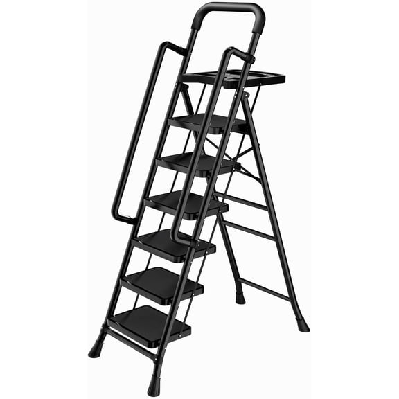 Ibihoeesoe 6 Step Ladder with Tool Platform,Folding Step Stool with Handrails,Sturdy Carbon Steel Ladder for Home with Widen Pedals,Safe-Lock Design