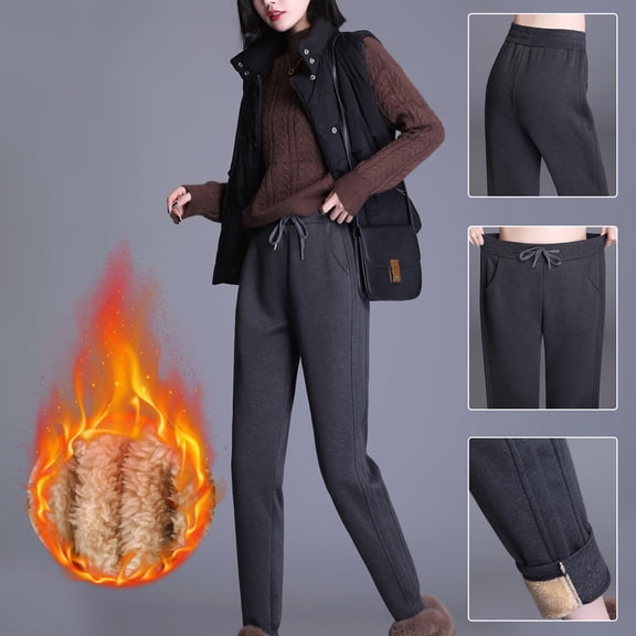 Jacenvly Sweatpants Women Straight-Leg Pants Long High Waisted Pocket Plain Womens Pants Ladies Fashion Loose Casual Wear Plus Fleece Warm and Fleece Sports Pants