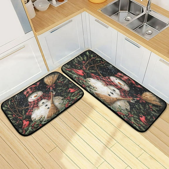 Kitchen Rugs and Mats【2 PCS】Non Skid Beautiful Winter Snowman Creative Kitchen Mat