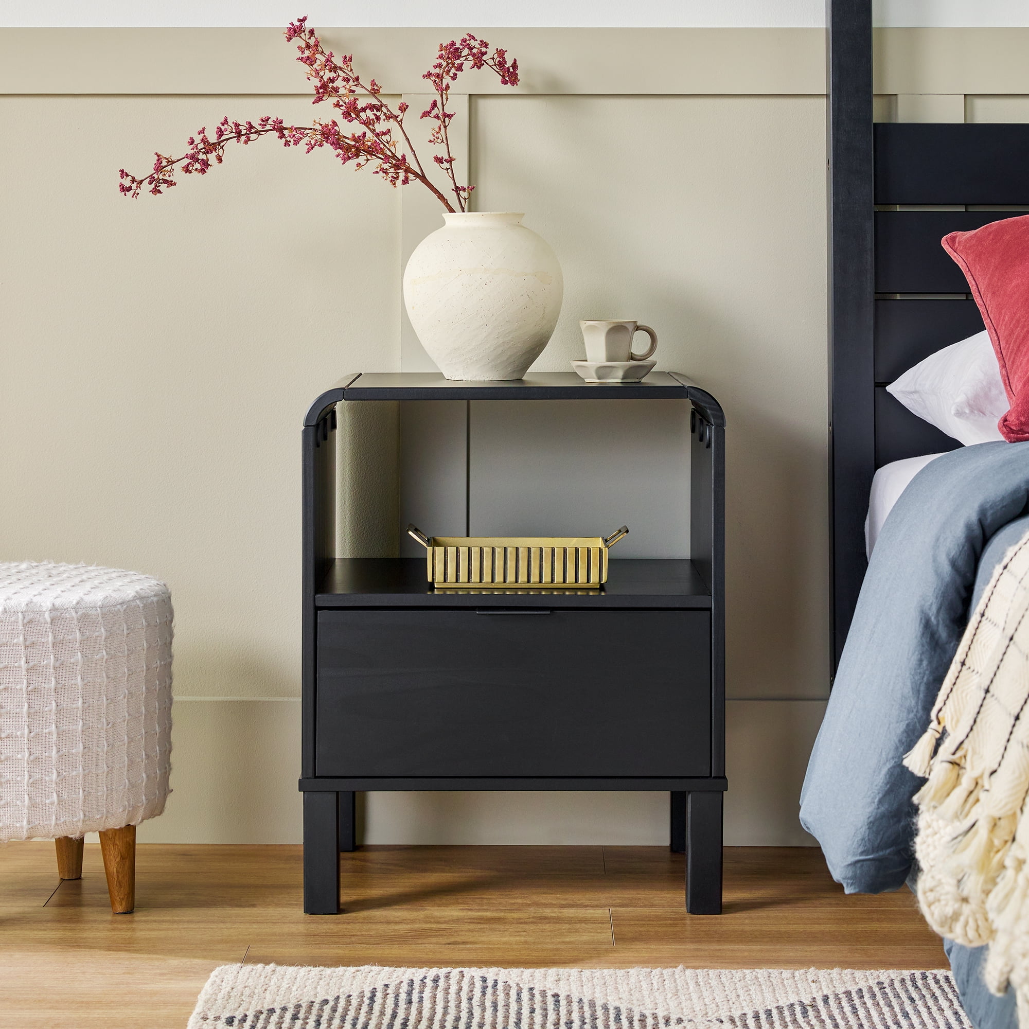 Walker Edison Modern Curved-Frame Solid Wood Nightstand, 2 Pack, Black